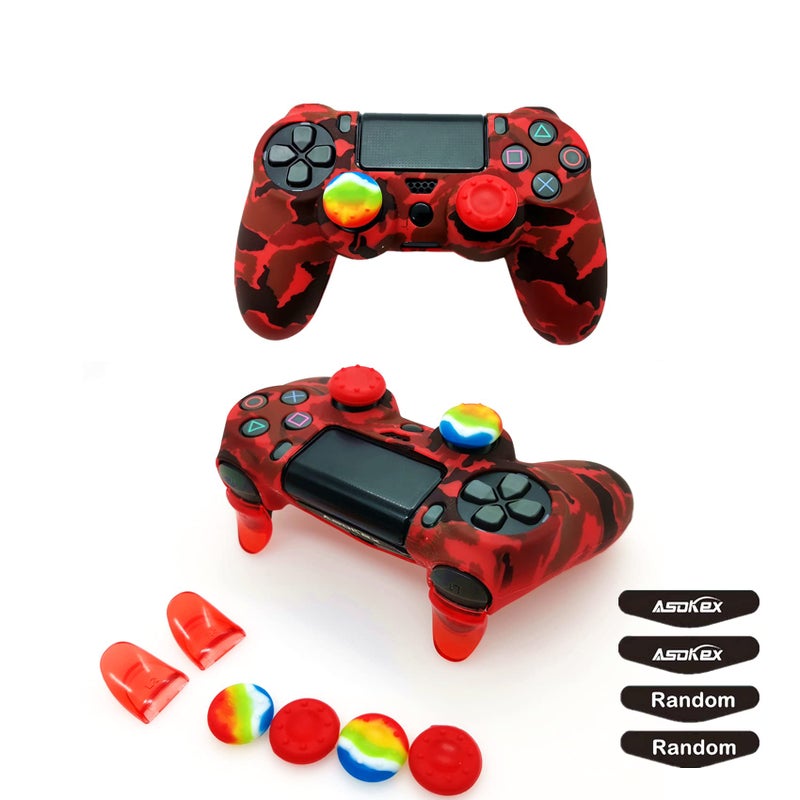 Asokex Silicone Skin Cover for Ps4 Controller (1pc Anti-Slip Case, 1 Pair L2 R2 Trigger Extender, 4pcs Thumb Grips,4pcs LED Light Bar Decal) Protector for DualShock PS4/ Slim/Pro Controller (Red Camouflage) - Image 1